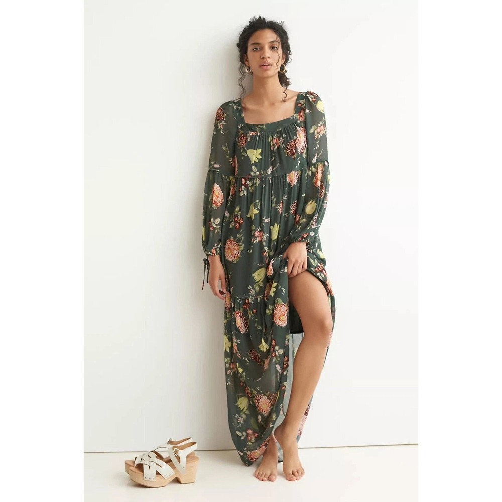 NWT Anthropologie Floral Long Sleeve Square Neck Tiered Maxi Dress Black Medium